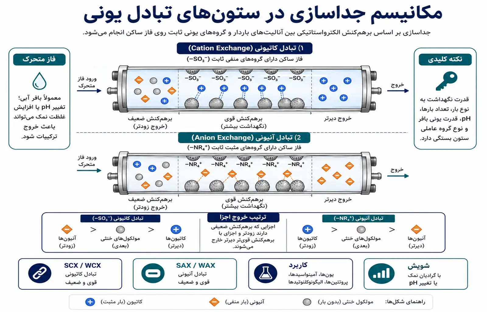 مکانیسم جداسازی در ستونهای تبادل یونی HPLC شماتیک مکانیسم جداسازی کاتیونها و آنیونها در ستونهای تبادل یونی HPLC شامل تبادل کاتیونی و تبادل آنیونی